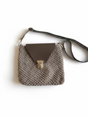 Taupe Knit Crossbody Bag with Grey Leather Flap